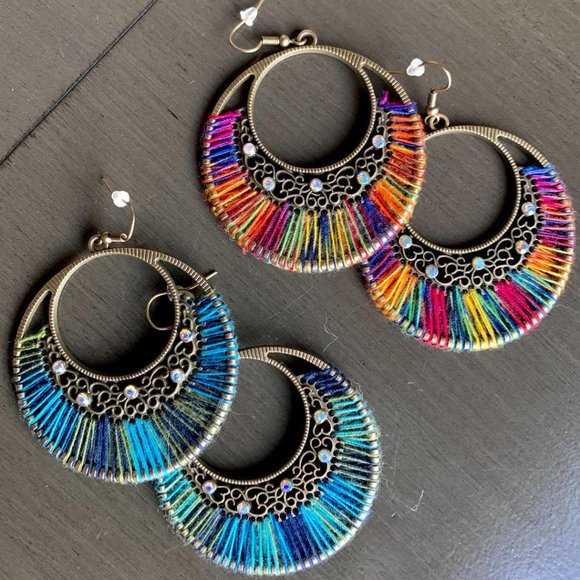 'Vintage' Gold Boho Blue Green Thread Rhinestone Round Filigree Dangle Earrings - Picture 5 of 5